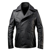 Men’s Notched Lapel-Collar Black Sheepskin Double-Breasted Leather Pea Coat